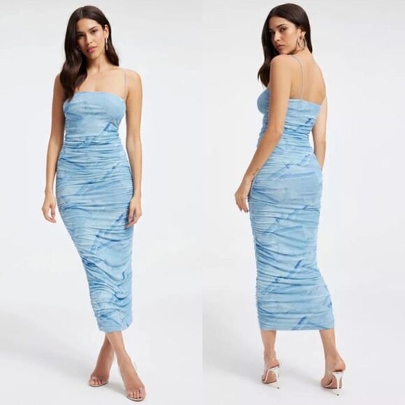 NWT Good American Midi Blue Dress Ruched Mesh Tank Cocktail Size 0 - Picture 1 of 14